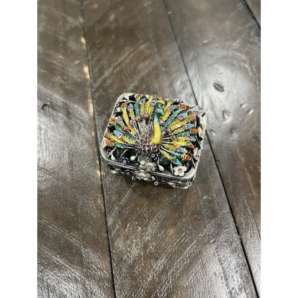Vintage Peacock Enamel Rhinestone Floral Tree Footed Trinket‎ Box Heavy Hinged